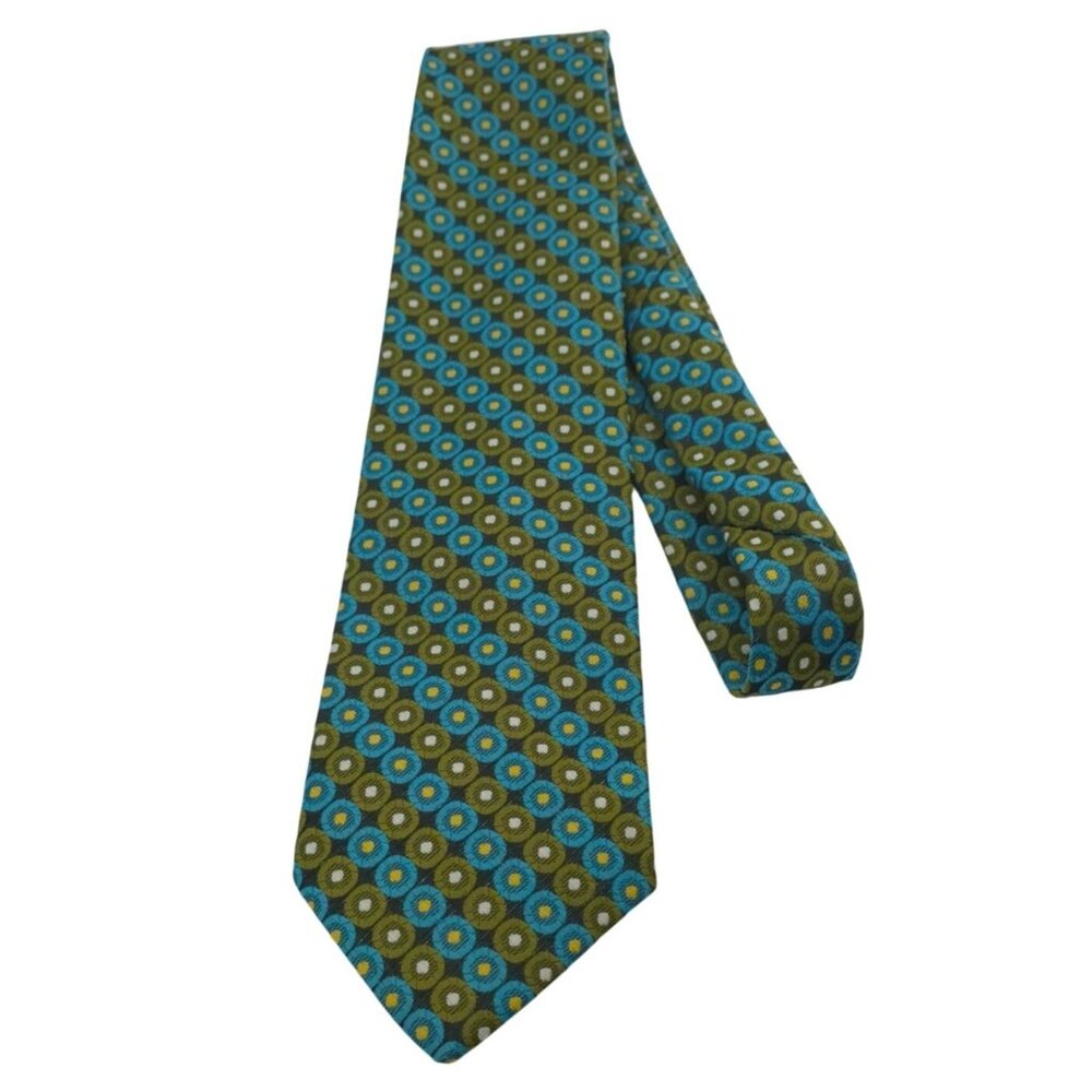 Vintage Trevira Polyester Tie Green & Blue Retro Circle Design Orange Lining